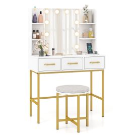ZELIX Makeup Dressing Table and Cushioned Stool Set with Power Outlets-White
