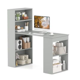 Modern 3-in-1 Wooden Computer Desk with 6-Tier Storage Bookshelves-Grey