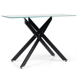 JORIN Modern Glass Console Table with Tempered Glass Top and Tubular Legs-Black