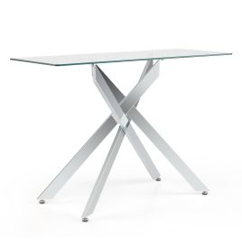 JORIN Modern Glass Console Table with Tempered Glass Top and Tubular Legs-Silver