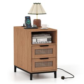JYNOR Narrow End Table with Charging Station and 2 Drawers for Bedroom-Natural