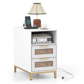 JYNOR Narrow End Table with Charging Station and 2 Drawers for Bedroom-White