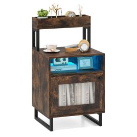 HAVORI Bedside Table with LED Lights Modern End Table with Top Tray-Rustic Brown