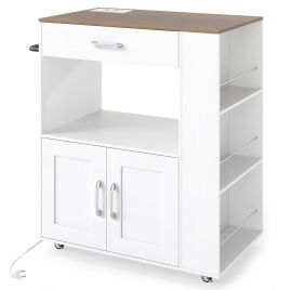 Kitchen Island with Charging Station & Wheels-Natural & White