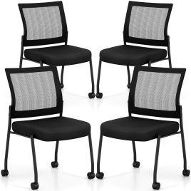 Stackable Armless Waiting Room Guest Chair with Wheels Set of 4-Black