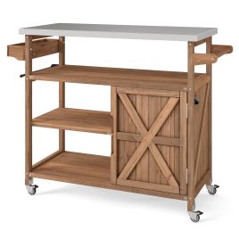 Wooden Grill Cart with Storage & Steel Top-Natural