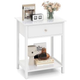 Wooden Bedside Table with Drawer and Storage Shelf-White