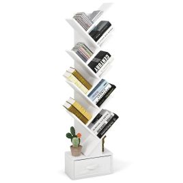 Bookcase - 10-Tier Freestanding Tree Bookshelf with Drawer-White