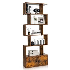 Bookcase - Industrial S-Shaped 5-tier Bookcase with Cabinet-Rustic Brown