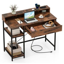 WELIX Computer Desk with Power Outlets and Top Shelf-Rustic Brown