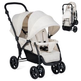 FROSTMORA Double Pushchair with Adjustable Backrest and Sunshade-Beige