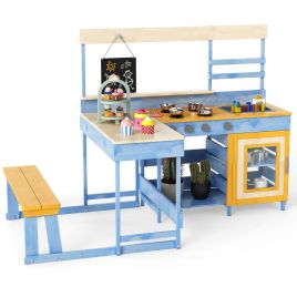 PENWYND Fir Wood Mud Kitchen with Kids Picnic Table Play Kitchen-Blue
