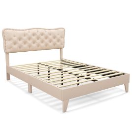 Double Bed - TAMPA 4ft6 Metal Bed with Button Tufted Headboard Beige