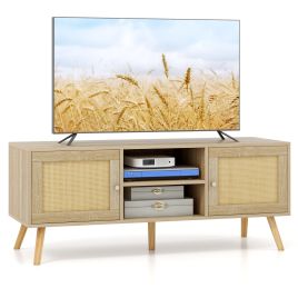 TV Stand - Boho PE Rattan TV Stand with 2 Cabinets and Open Shelves