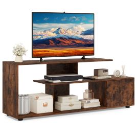 DAXO 3-Tier Asymmetrical Media Console Table with Storage Shelves and Cabinet-Rustic Brown