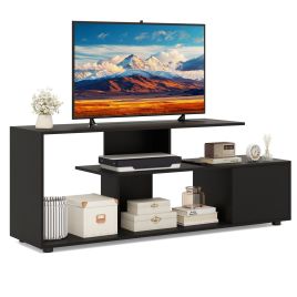 DAXO 3-Tier Asymmetrical Media Console Table with Storage Shelves and Cabinet-Black