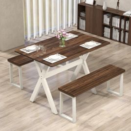 Modern Wooden Dining Table with X-Frame & Wood Grain Top-Brown