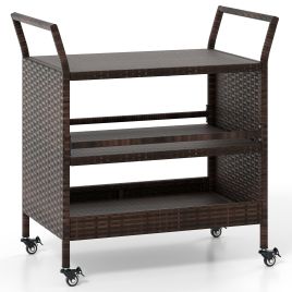 Outdoor Bar Cart 3-Tier Patio Rattan Storage Shelf with Lockable Universal Wheels
