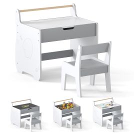 VAAL Wooden Kids Activity Table and Chair Set with 2 in 1 Detachable Tabletop-Light Grey