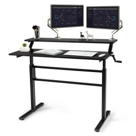2-Tier Height Adjustable Standing Desk with Crank Handle - Black