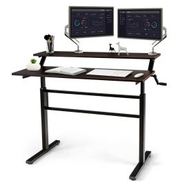 2-Tier Height Adjustable Standing Desk with Crank Handle - Coffee