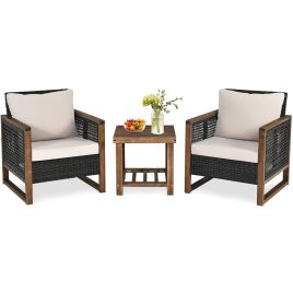 Patio Set - 3 Pieces Outdoor Rattan Furniture Bistro Set with Cushioned Sofas - Beige