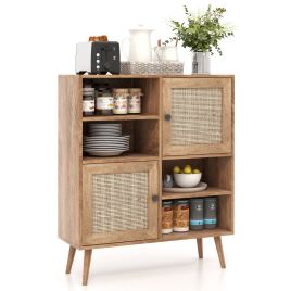 Sideboard - Rattan Sideboard Buffet Cabinet with 4 Cubbies and 2 Rattan-decorated Doors-Brown