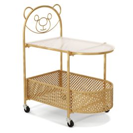 Coffee Table - Mobile Glass Coffee Table with Bear Pattern and Storage Basket-Golden
