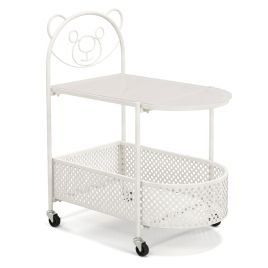 Coffee Table - Mobile Glass Coffee Table with Bear Pattern and Storage Basket-White