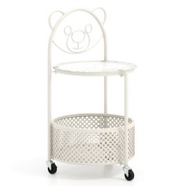 Coffee Table - 2-Tier Mobile Glass Coffee Table with Bear Pattern and Storage Basket-White