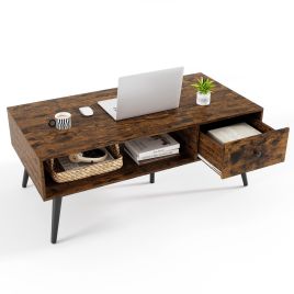 LOVIAL 109cm Rectangular Coffee Table with Drawer and Storage Shelf-Rustic Brown