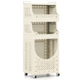 QUVEN 3/4-Tier Laundry Cart with Large Hamper and Lockable Wheels-Beige-4-Tier