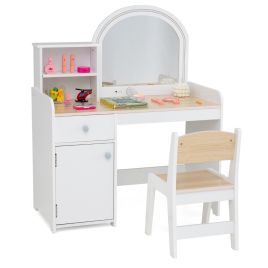 ARURXO Kids Vanity Table and Chair Set with Shelves Drawer and Cabinet-Natural & White