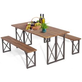 Patio Set - 3 Pieces Outdoor Acacia Wood Dining Set with 4.5 cm Umbrella Hole - Natural