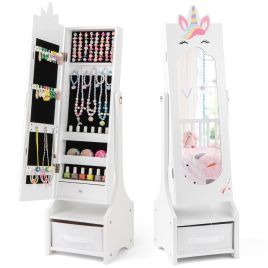 LUTYNO Kids Jewelry Cabinet with Full-Length Mirror and Foldable Drawer-White