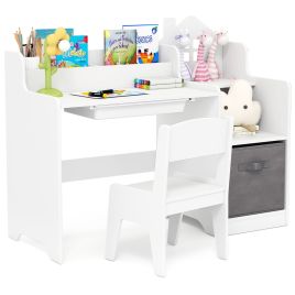 VEZELY Kids Study Desk and Chair Set Children Study Table with Open Shelves-White