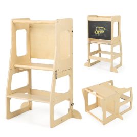 Kitchen Trolley - 3-in-1 Foldable Kitchen Standing Tower for Toddlers with Chalkboard, Weaning Table-Natural