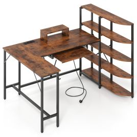 XIREX L-Shaped Desk with Shelves & Charging Station-Rustic Brown