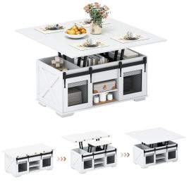 ZIREL Lift Top Coffee Table with 2 Sliding Barn Doors and Open Shelves-White