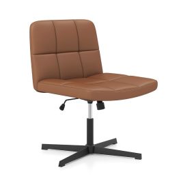 Office Chair - PU Leather Upholstered Armless Cross Legged Office Desk Chair No Wheels Brown 70cm
