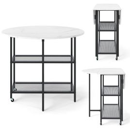 ANSI Round Kitchen Table Modern Dining Table with Drop Leaf Tabletop-White