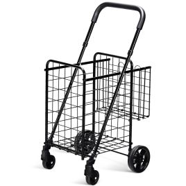 Folding Height Adjustable Shopping Trolley with Wheels-Black