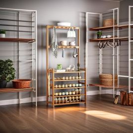 XYLVIAN Coat Stand Wooden Hat and Coat Rack with 5 Tiers and Shoe Storage - Natural