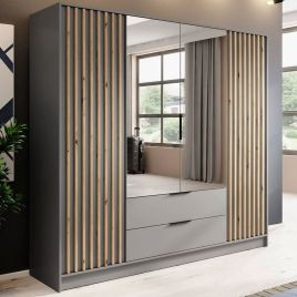 Wardrobe - ORION 4 Door Mirrored Wardrobe Grey 206cm