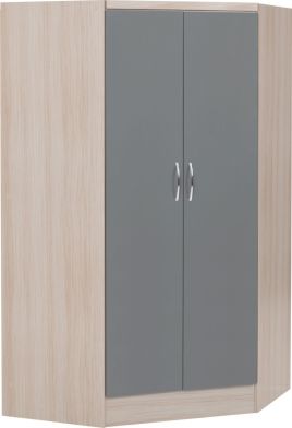 Corner Wardrobe - NEWBIGGIN 2 Door Wardrobe Grey Gloss with Light Oak 143cm