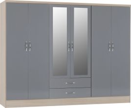 Wardrobe - NEWBIGGIN 6 Door Mirrored Wardrobe Grey Gloss with Light Oak 230cm