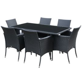 6-Seater Rattan Dining Set Garden Furniture Patio Rectangular Table Cube Chairs Outdoor Fire Retardant Sponge Black