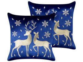 Set of 2 Decorative Cushions MERINGUE Velvet 45 x 45 cm Dark Blue Christmas Pattern