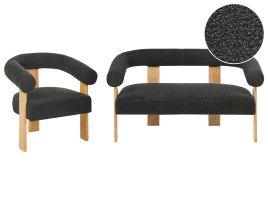 COBDEN Boucle Fabric 2 Seater Sofa and Armchair Sofa Set - Black with Light Oak