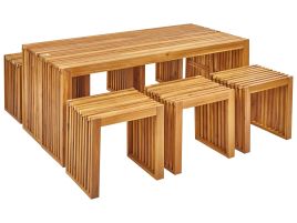 Garden Dining Set with Benches and Stools 6 Seater BELLANO Acacia Wood Brown